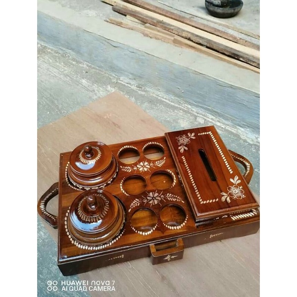 SET TEMPAT AQUA GELAS, TEMPAT TISU, & TOPLES KAYU JATI + PACKING KAYU