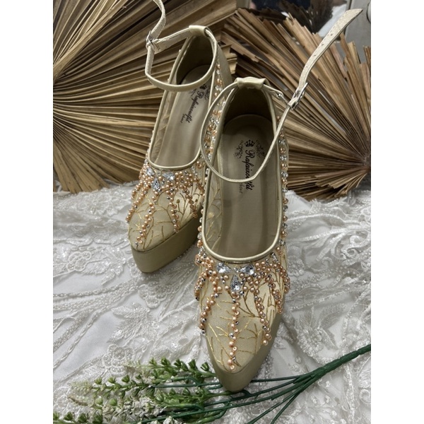 sepatu wedding pesta wanita gold tali naira 12cm tahu