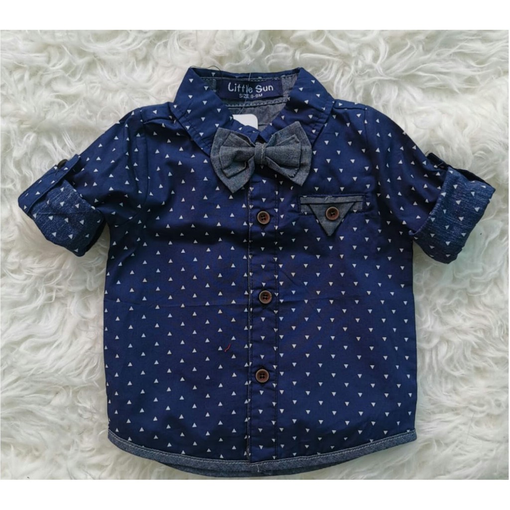 Kemeja Anak Bayi Laki Tangan Panjang+Dasi Siku Navy/ Kemeja Anak Laki-Laki/ Baju Bayi Import