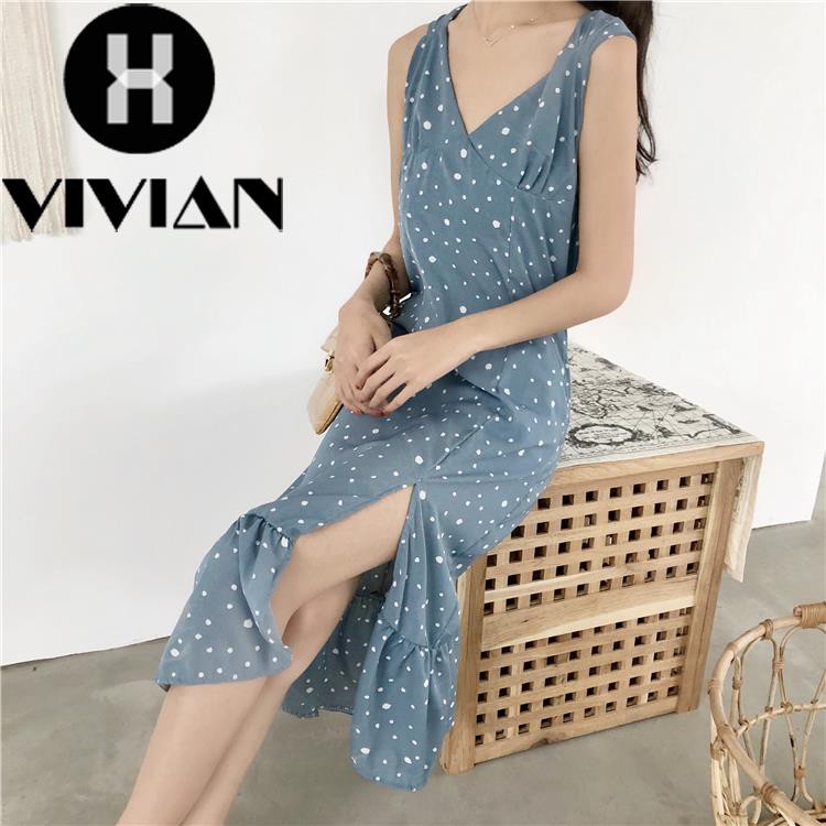 ?VIVIAN? Dress Midi Retro V-Neck Wanita Gaya Korea Motif Polkadot Hitam Belah Tengah+Pita Belakang