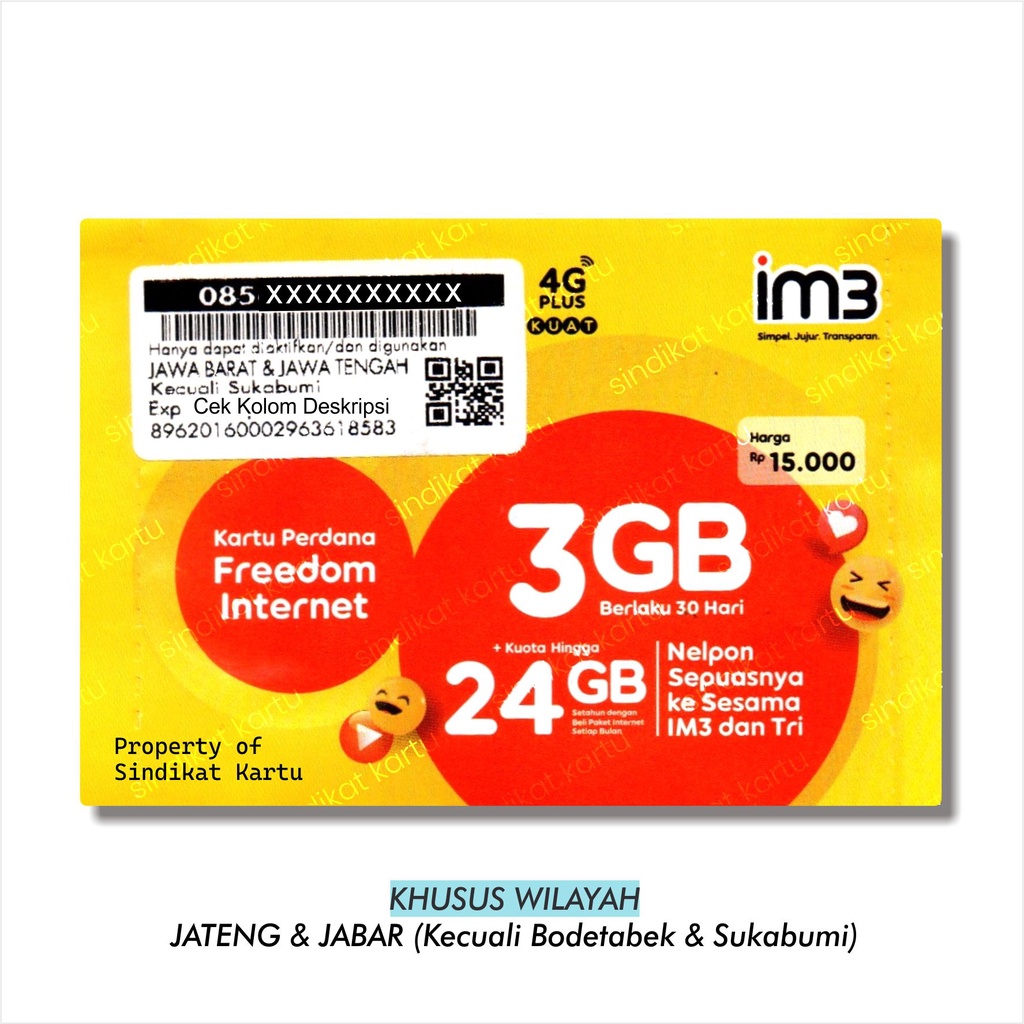Perdana INDOSAT 3GB 30Hari (JATENG & JABAR Kecuali Bodetabek, Karawang & Sukabumi)