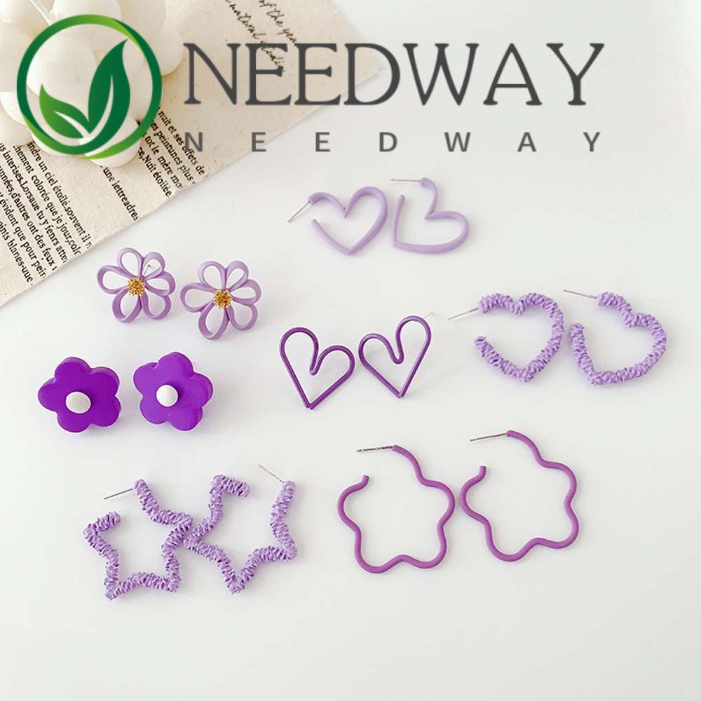 Needway  Silver Needle Purple Daisy Love Paint Flower Earrings