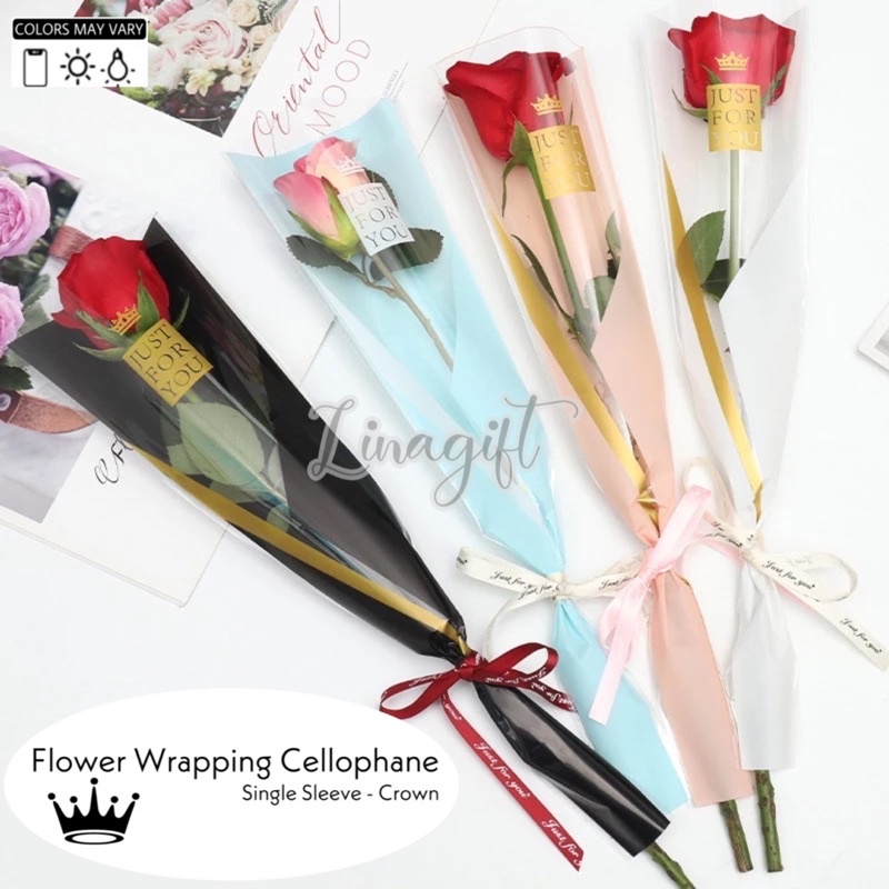 ( 5 Lembar ) SINGLE SLEEVE CROWN - FLOWER ROSE PACKING BAG - FLOWER WRAPPING PAPER 50x10 CELLOPHANE PLASTIC / KERTAS BUNGA / BINGKISAN INDIVIDUAL VALENTINE DIY FLORIST BUKET BUNGA ROMANTIC VALENTINES MAWAR BUKET