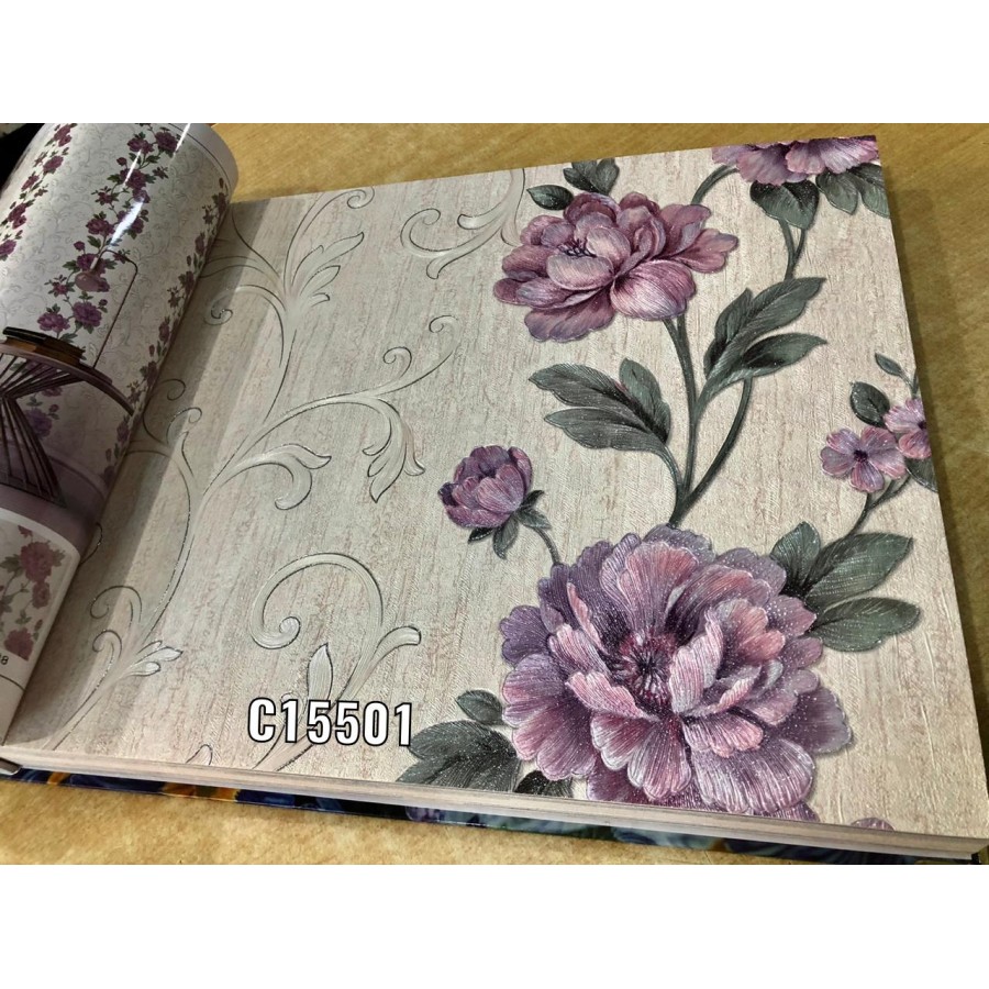 WALLPAPER DINDING MOTIF BUNGA UNGU BESAR