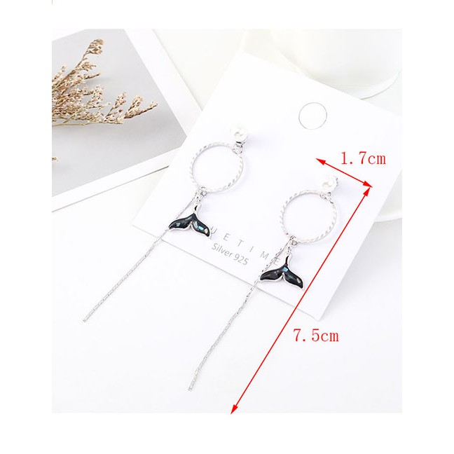 LRC Anting Tusuk Fashion Pearl Tassel Circle Tail Fin Earrings Y63124