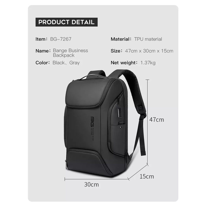 BG7267 Bange Tas Ransel pria Laptop Kerja Backpack USB 15.6 Inch
