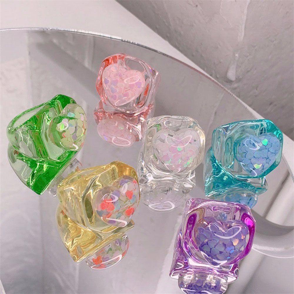 Mxbeauty Cincin Wanita Gadis Korea Cinta Hati Transparan Resin Akrilik Chunky Fashion Perhiasan