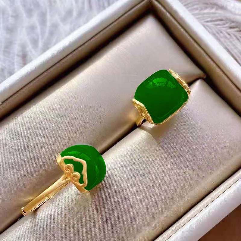 Goldkingdom Fashion Perhiasan 24K Bangkok Aksesoris Ready Stock Hetian Jade Ring for Woman Lapis Emas Asli Kadar 375 Gaya Retro Klasik Angan-Angan Awan Cincin Yang Dapat Disesuaikan