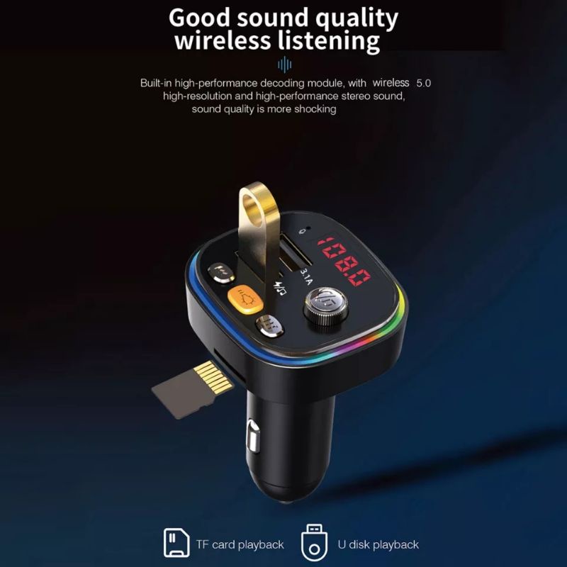 Mobil Car Charger Bluetooth 5.0 MP3 Player Dual USB LED Chasan Casan Charging Transmitter TF BT FM 7 Color warna