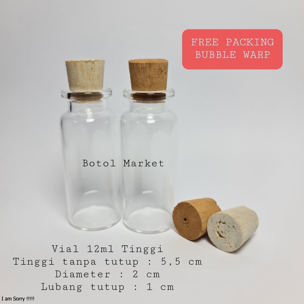 Botol Vial 12ml TINGGI Tutup Kayu Gabus / Botol Kaca Mini