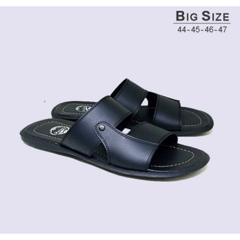 COD / Sendal Slide KULIT GARUT Big Size 44-45-46-47 Sandal Kulit Pria Bapak2 empuk JUMBO hitam, 47