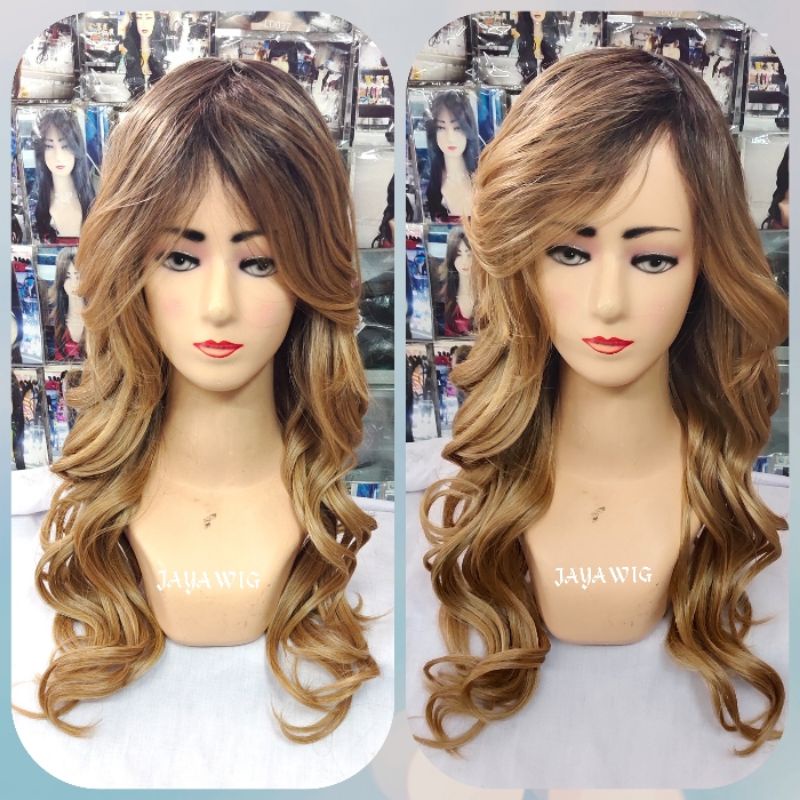 Wig Wave Panjang 50cm Rambut Palsu Keriting Warna Ombre Blonde