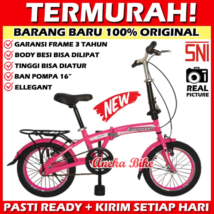 Sepeda Lipat Anak 16 inch Evergreen 6 Speed Murah-1 SPEED - PINK