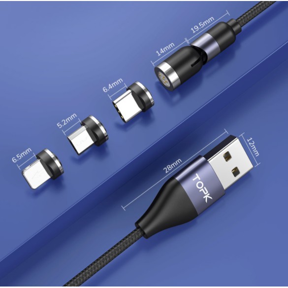 Magnetic Rotation Data Charger Cable 540 degree 5A Kabel Data Charger Rotasi 540 derajat TOPK