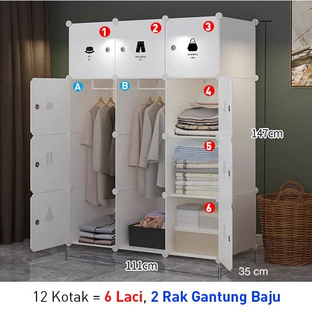 Lemari Penyimpanan Baju Portabel Bongkar Pasang 8 atau 12 Pintu