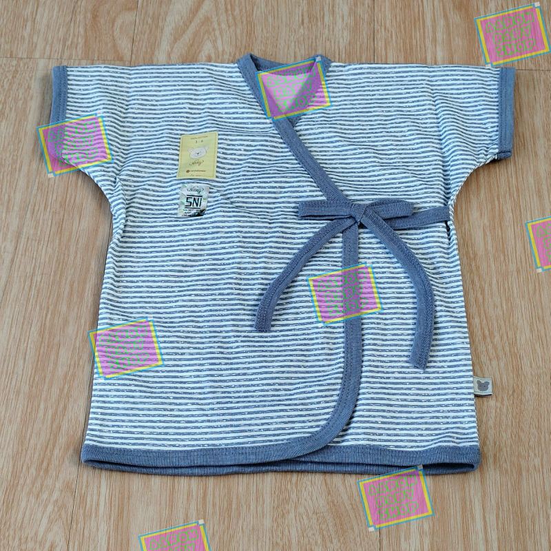 Baju Bayi Kimono Pendek NARY Size 0-3 / 3-6 bulan Warna / Putih Katun Premium Newborn SNI (KPDK)-Salur-DenimBiru
