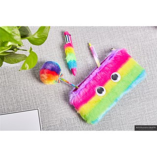Tempat Pensil Make up bag pulpen case bulu boneka pelangi ...