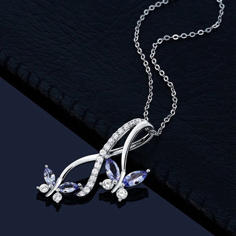 Kalung Rantai Silver 925 Dengan Liontin Batu Permata King Blue Tanzanite Butterfly Ukuran 18 Inci