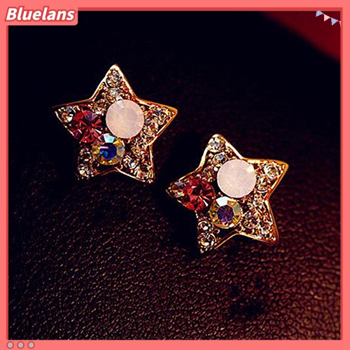 Bluelans Anting Stud Bentuk Bintang Aksen Berlian Imitasi Gaya Elegan Untuk Wanita