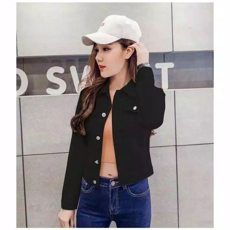 JAKET JEANS CEWEK KEKINIAN SNOW BLACK DENIM CROP LEPIS JINS JAKET