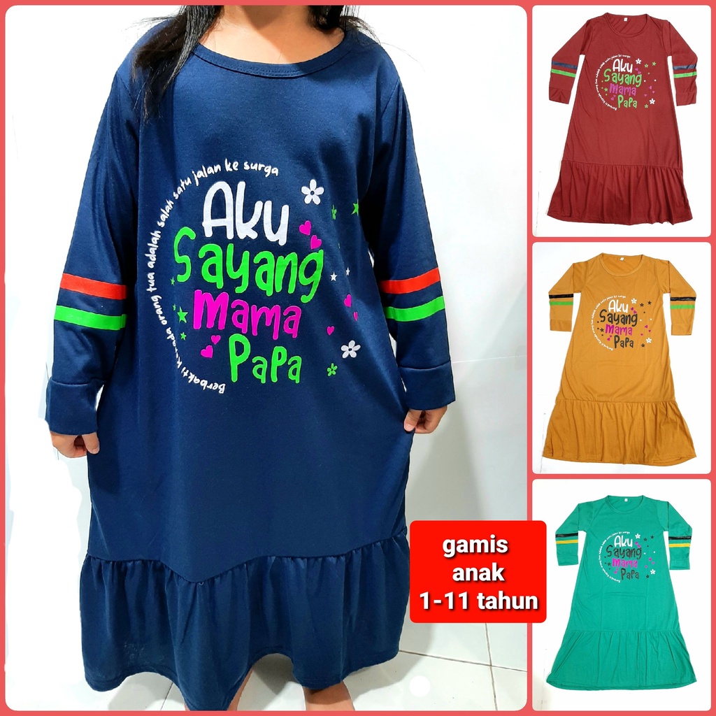 gamis anak muslim perempuan 1- 11 tahun pakaian kaos tangan panjang cewek sayang papa mama kerut murah