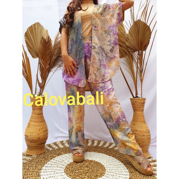 Setelan Long Cardigan Lengan Pendek Celana Panjang Tie Dye Bali