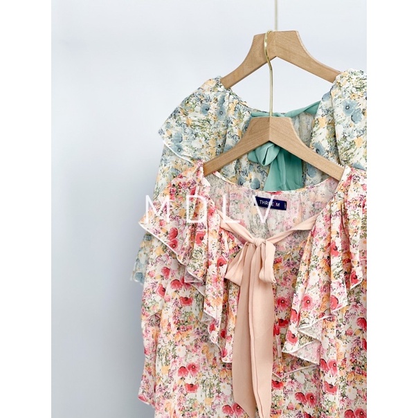 MDLV ~ 1789# Cadillac Tie Neck Top Blouse Flower Premium Fashion Import