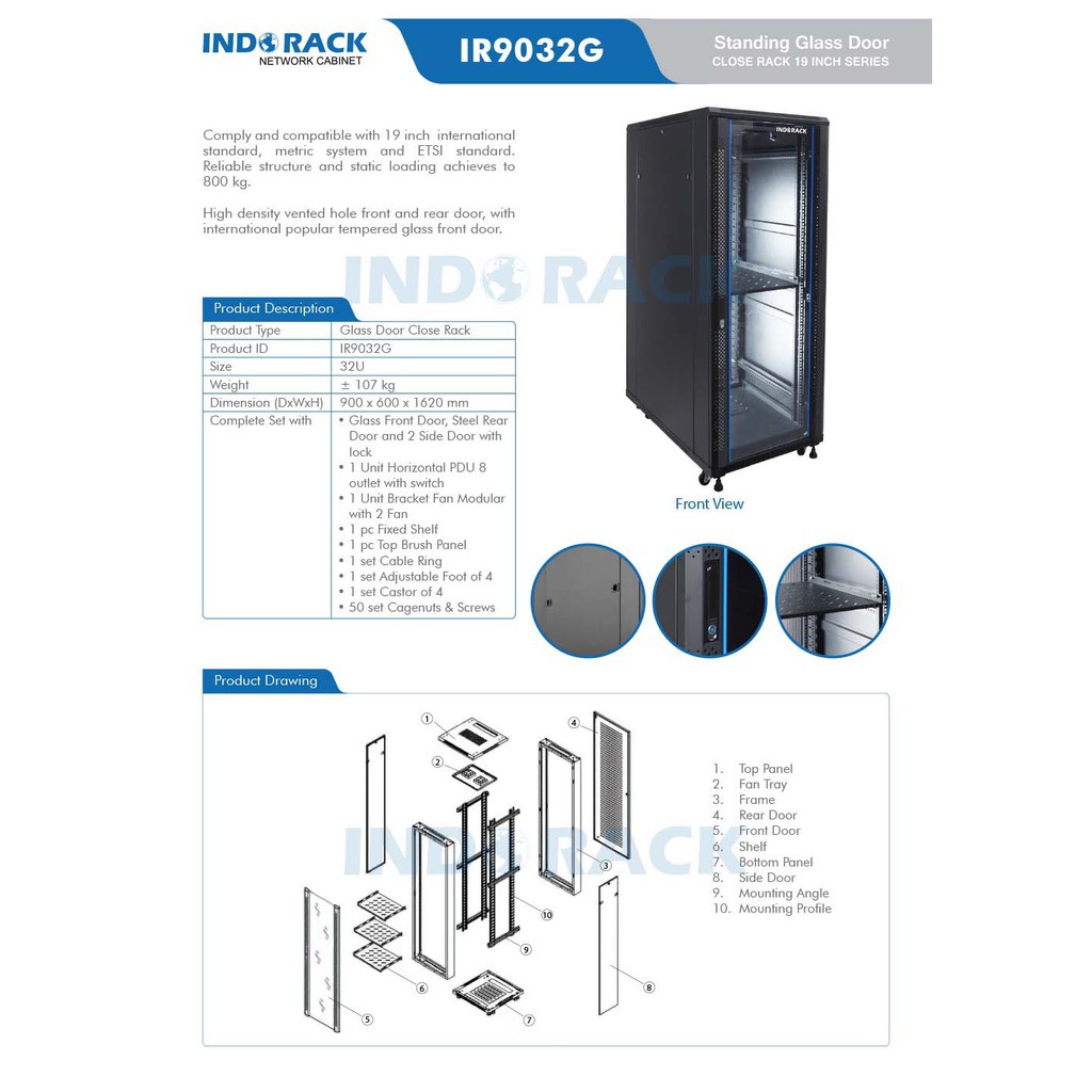 Indorack IR9032G Standing Close Rack 19&quot; 32U Glass Door Depth 900mm STANDING CLOSE RACK 32U GLASS DO