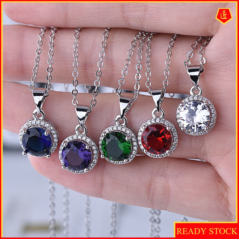 [Ready Stock]Japanese and Korean Fashion S925 Silver Classic round Carat Zircon Necklace Vintage