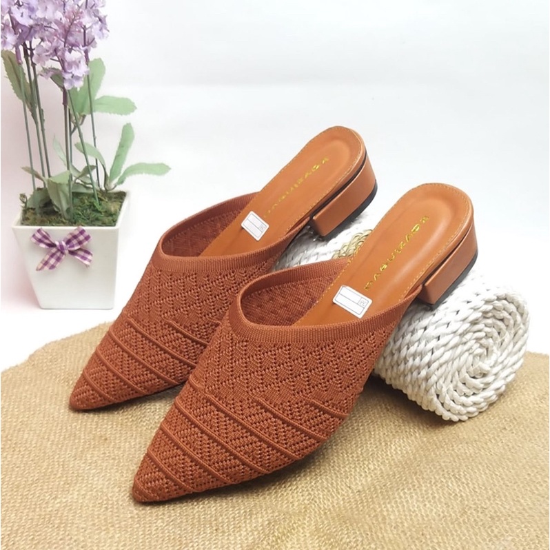 Kayzineva Sepatu Wanita Slip On Mules Rajut Import Hak 3cm