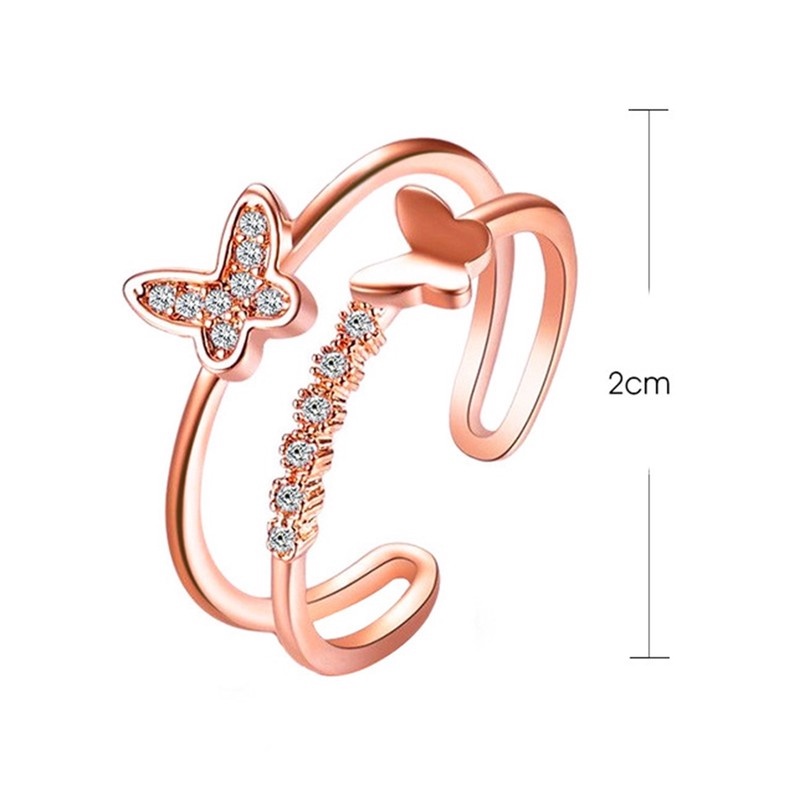 [Korean Fashion Retro Double Layer Crystal Butterfly Adjustable Open Rings For Women] [ Elegant Ladies Smooth Fine Thin Finger Ring] [Lovely Jewelry Gifts For Girl Friends]