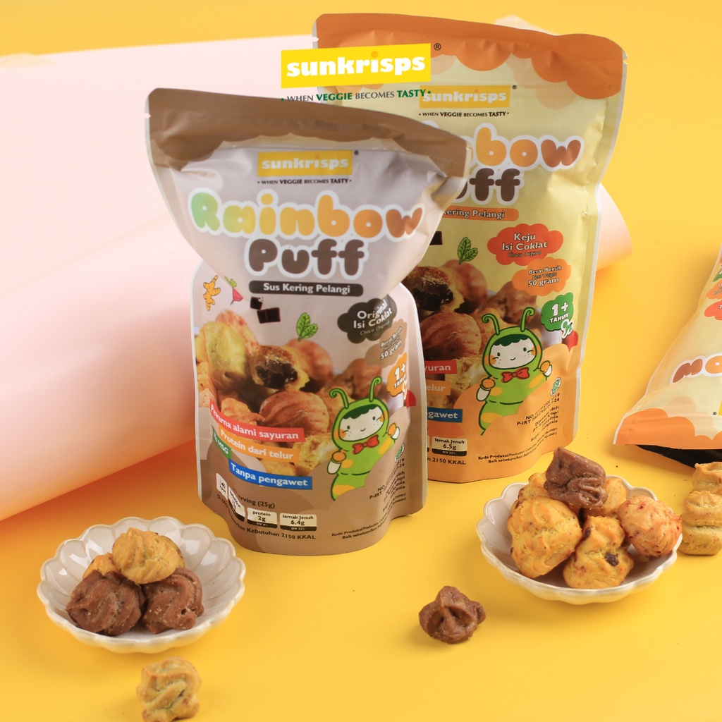 SUNKRISPS Rainbow Puff 50g - Ori / Keju Coklat - Snack Bayi Anak - Sus Kering Pelangi - Sunkrip Choco Cheese