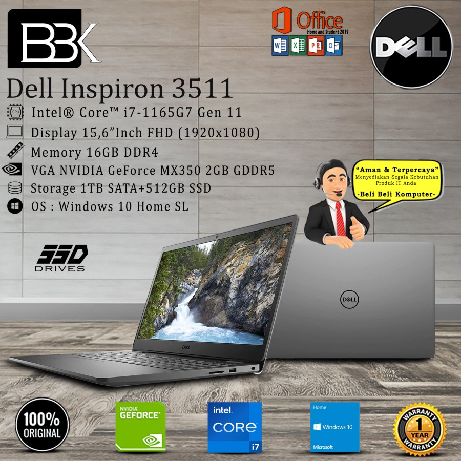 Dell Inspiron 3511 i7-1165G7 16GB 1TB+512GB VGA 2GB WIN10HSL OHS 1YR