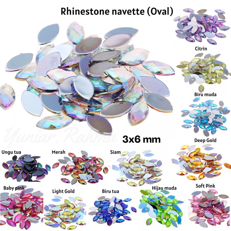 [100 pcs] Rhinestone Navette AB 3x6mm , Rhinestone oval aksesoris kuku dan henna