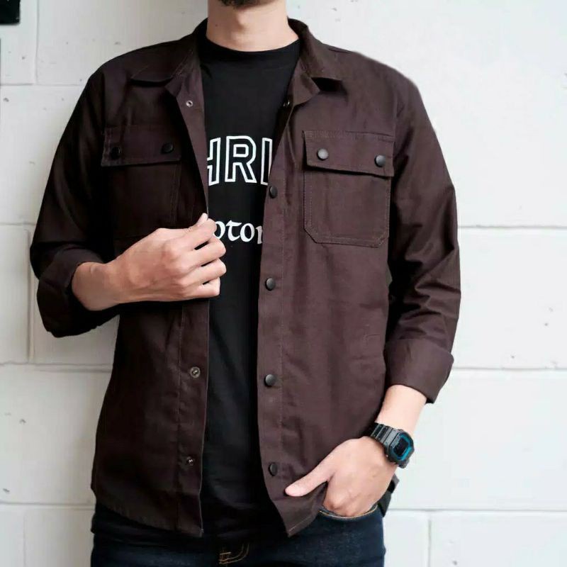 Jaket Semi parka Pria Wanita Kancing Hitam Jaket Trucker Pria Canvas Parka Full Size