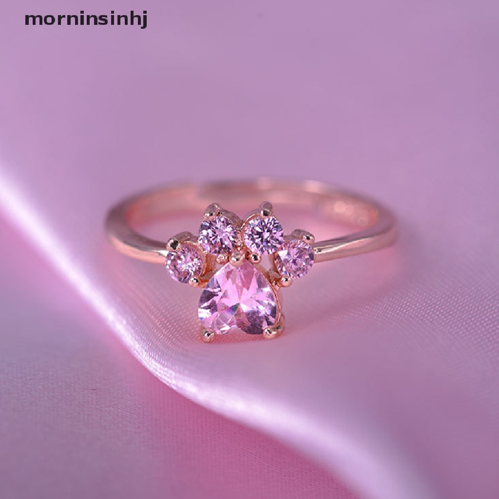 Mornin Cincin Tunangan Desain Cakar Kucing Hias Kristal Zircon Pink Untuk Wanita