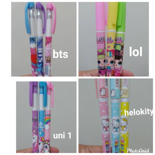 

Pulpen gel BTS,lol, unicorn, helokiti, frozen dll