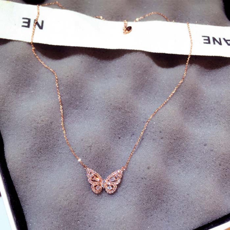 Kalung Liontin Kupu-Kupu Bahan Cubic Zirconia Warna Rose Gold Untuk Wanita