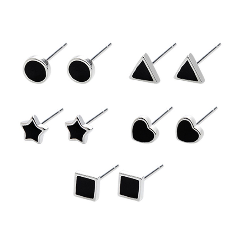 1 Pasang Anting S925 Silver Needle Bentuk Hati Geometris Mini Warna Hitam Untuk Pria Dan Wanita