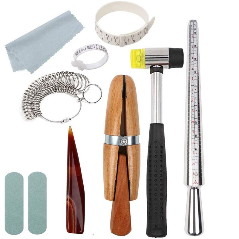 SIY  11Pcs Metal Mandrel Finger Sizing Measuring Stick Ring Sizer Guage Jewelers Hammer Wooden Ring Clamp Jewelry Tools Kit