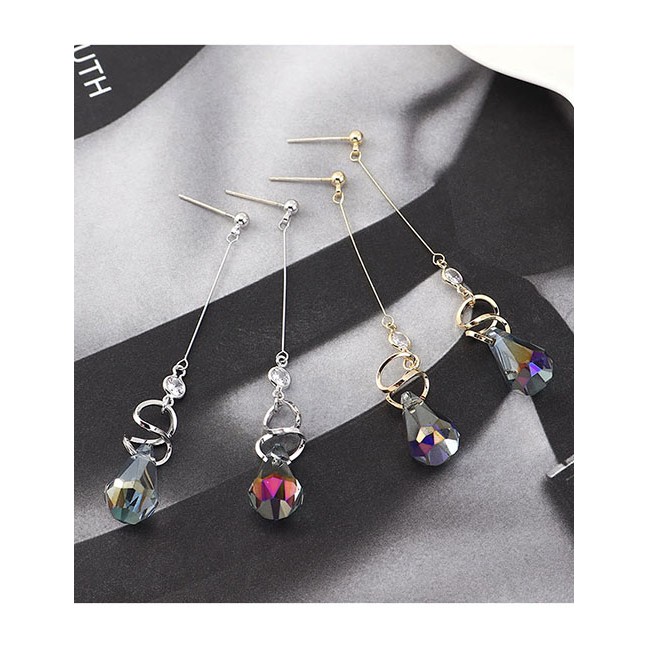 LRC Anting Tusuk Fashion Platinum Glass Bead Diamond Tassel Earrings Y63144