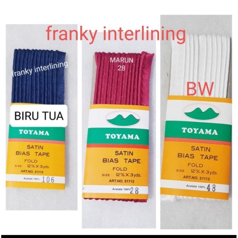 BISBAN ISI TOYAMA BIAS TAPE SATIN LEBAR 12mm HARGA PER PCS ISI 3 YARD