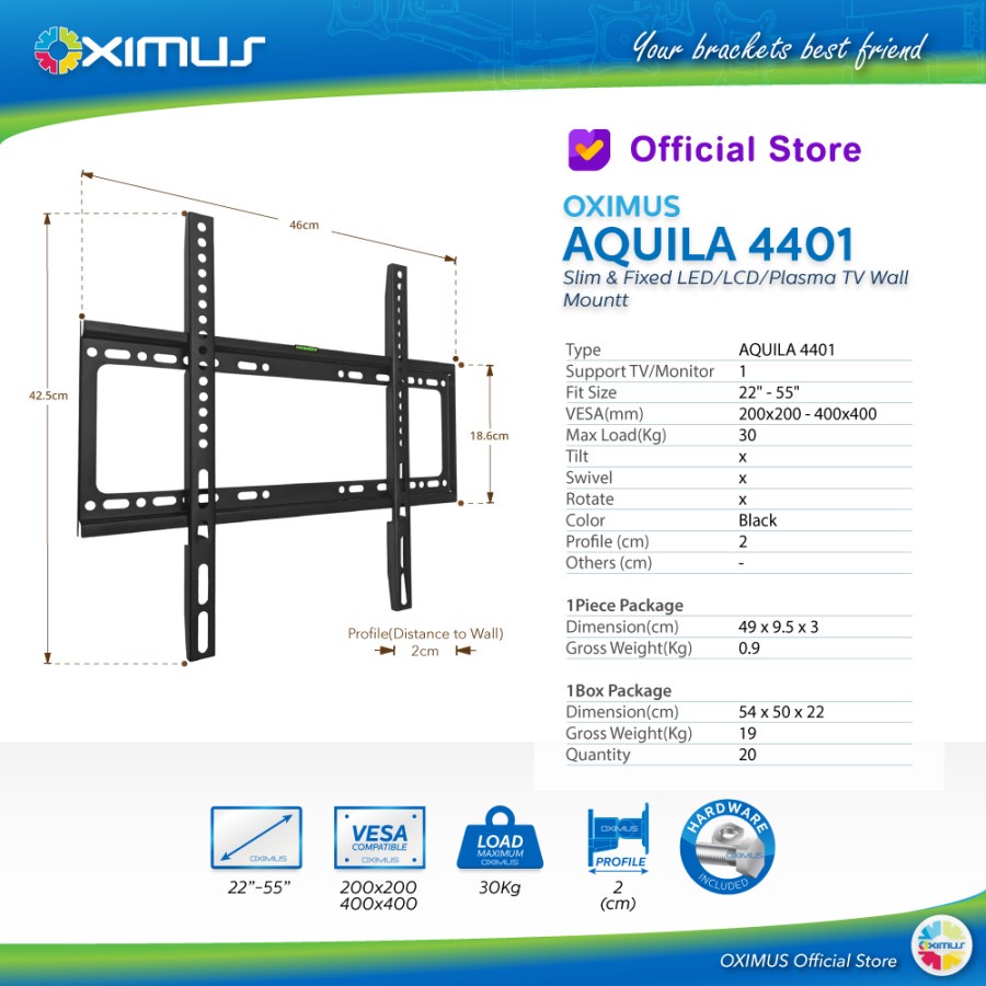 BRACKET TV LED LCD MONITOR 22&quot;- 55&quot; OXIMUS AQUILA 4401 WALL SLIM FIXED