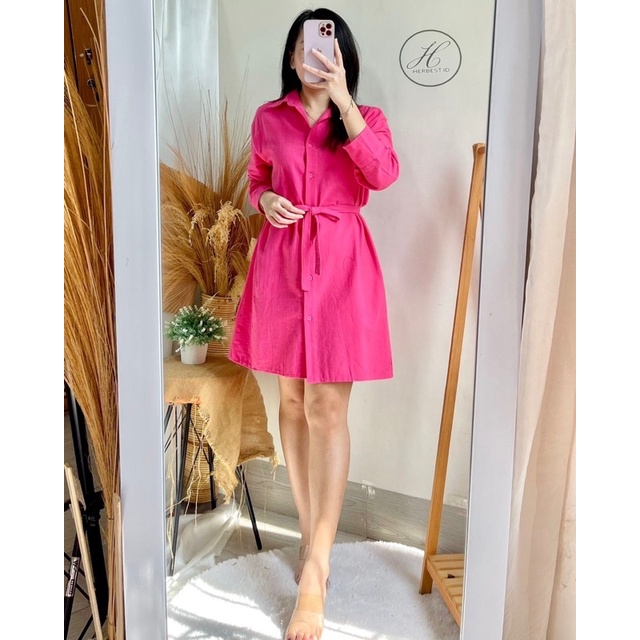 MIDI DRESS ZENDAYA KEMEJA DRESS WANITA FREE BELT LINEN IMPORT HERBEST