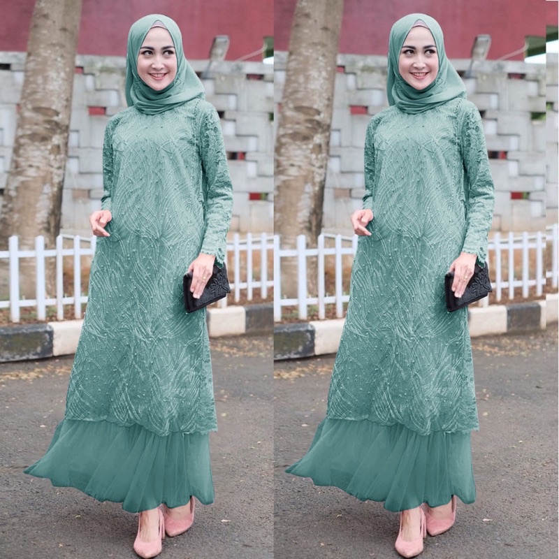 Sabina Baju Gamis Brukat Tile/ Gamis Brukat Maxi/Gamis Muslim Brukat/Gamis Perempuan Remaja Dewasa Fashion Gamis Pesta SIZE L, XL, XXL