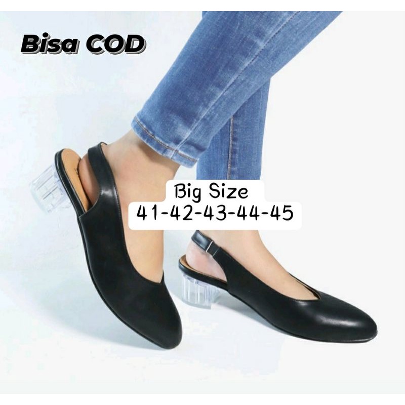 COD / Sepatu Heels Kaca Big Size 41-45 / Pantofel ZV-1 Semi Formal Ukuran Besar JUMBO Hitam Kulit, 44