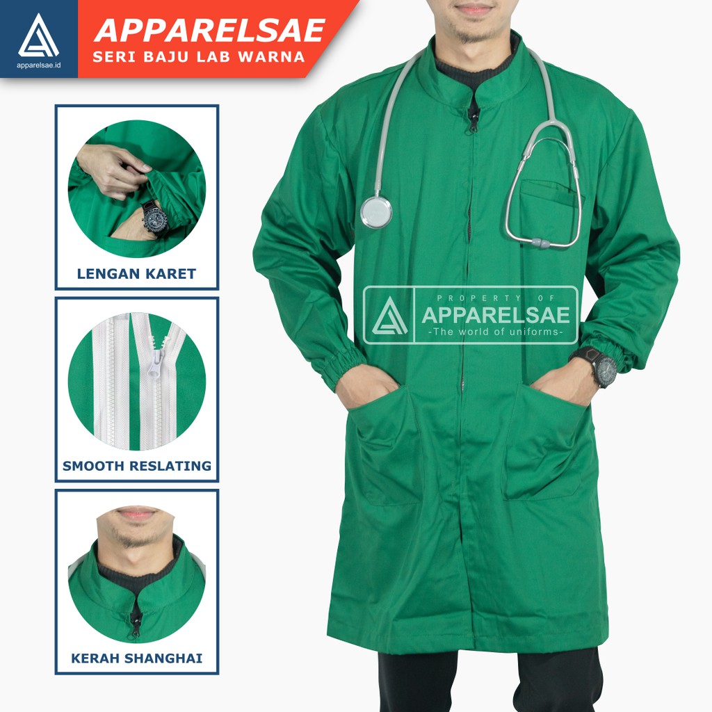 JAS LAB /JAS LABORATORIUM KATUN LEMBUT & TEBAL BAJU DOKTER LENGAN KARET WARNA HIJAU MUHAMMADIYAH