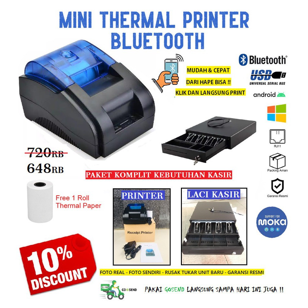 PAKET PRINTER KASIR BLUETOOTH + CASH DRAWER [TOKO SEMBAKO/RESTO/GOBIZ]