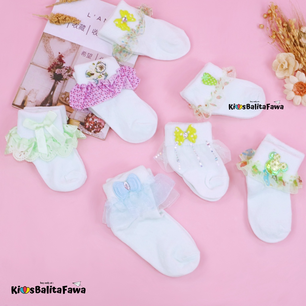 [HIJAU MUDA] Kaos Kaki Pita Renda &amp; Prewalker Socks 3D Bayi / Anti Slip Raju Halus Baby Perempuan Import Murah Polos Stretch Babycinnamon