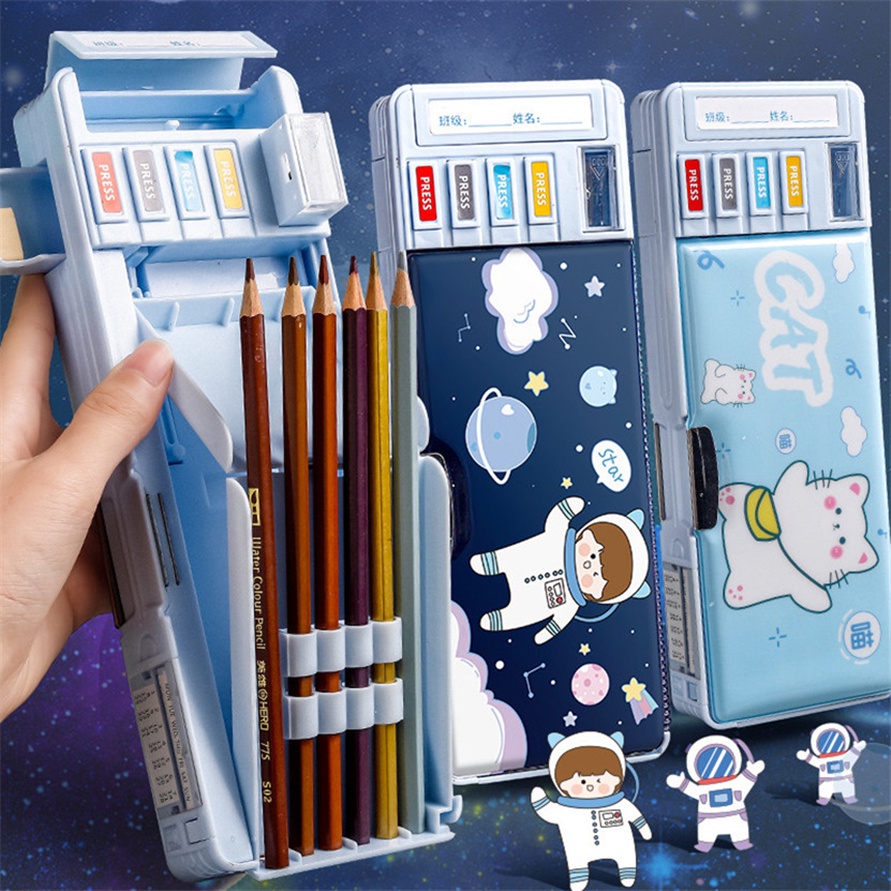 Tempat Pensil Multifungsi Motif Unicorn / Dinosaurus / Astronot Untuk Anak Tk/Kotak Pensil Pola Kartun Lapisan Ganda Tunggal dengan Rautan Kapasitas